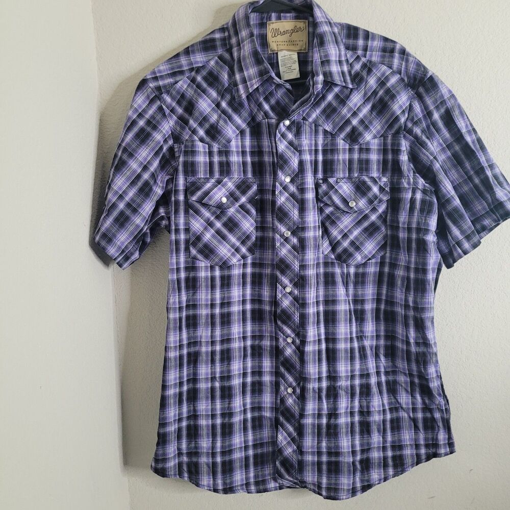 Wrangler Large western fashion snap button shirt polo purple plaid pockets
